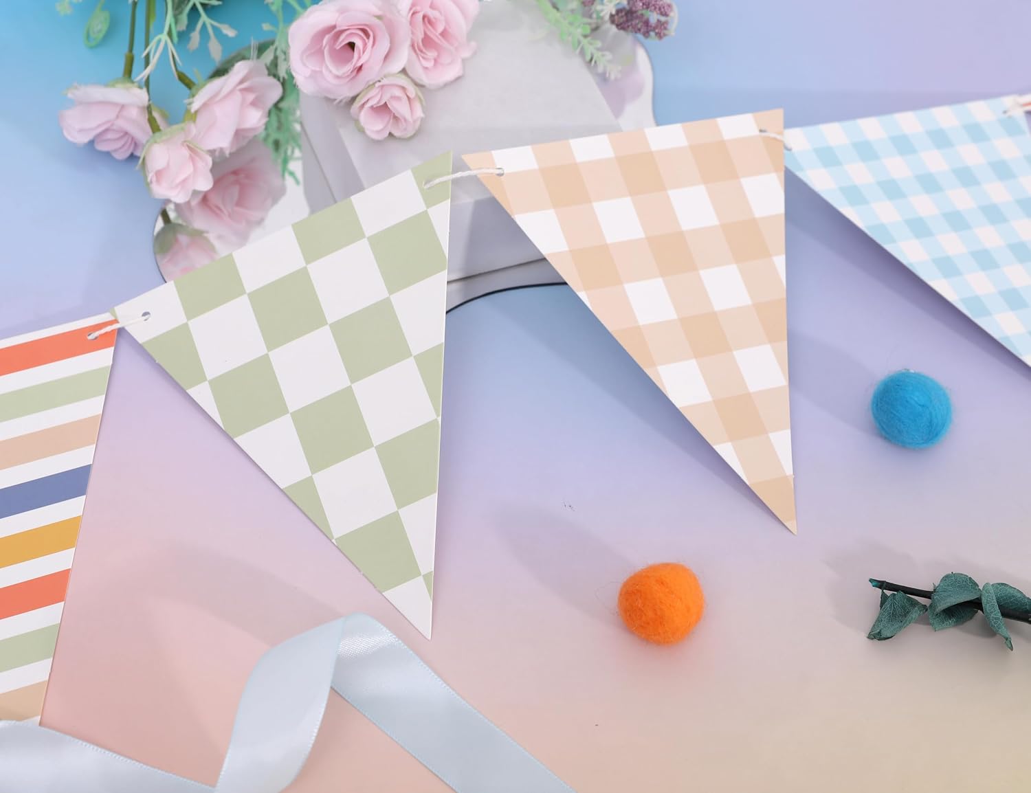 Gingham and Striped Paper Pennant Banner for boys– Colorful Checkered & Striped Flag Garland for Birthday, Baby Shower, Picnic, Camping or Party Decorations