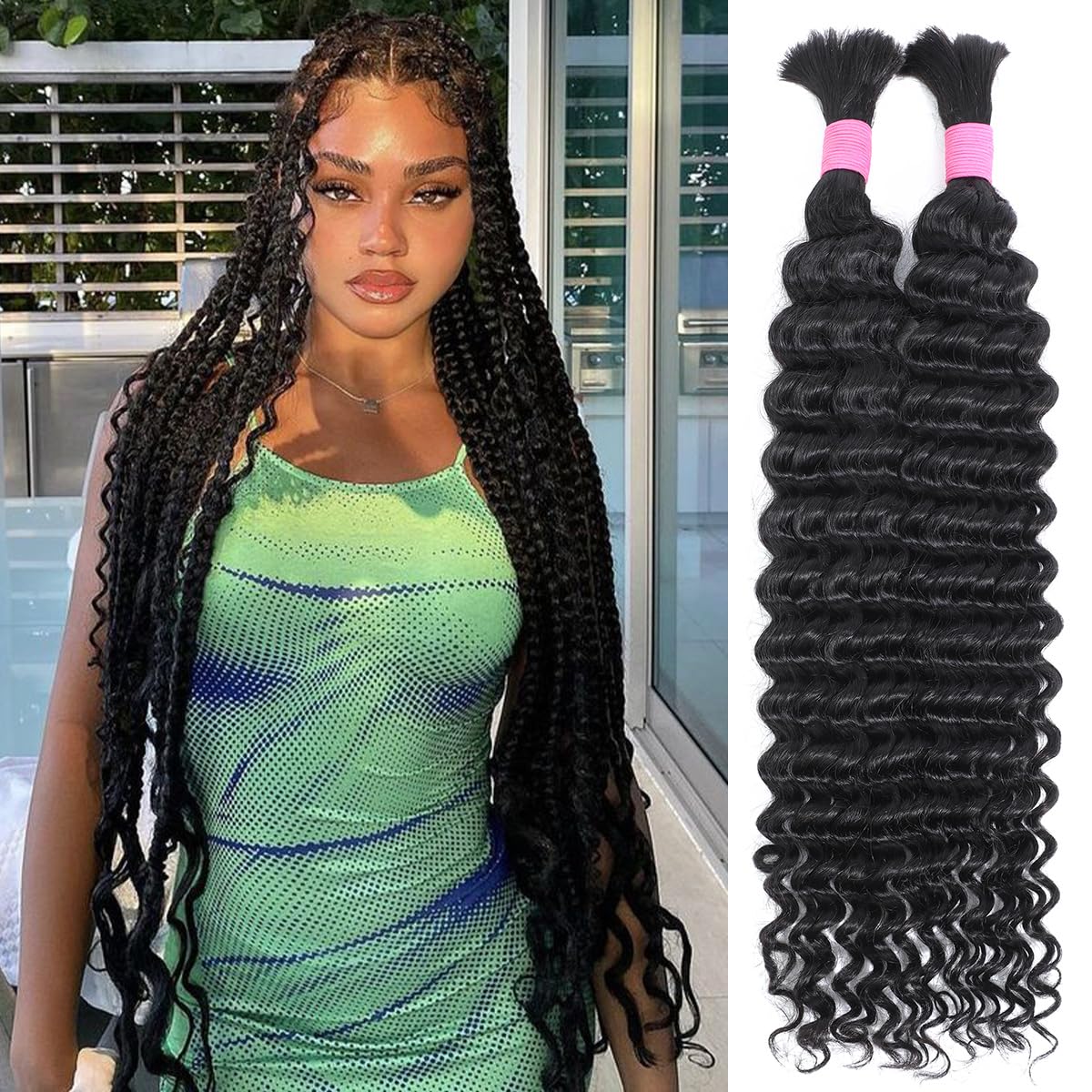 Human Braiding Hair for Boho Braids 22 Inch 2 Bundles 100g Deep Wave Bulk Human Boho Hair for Braiding 12A Virgin Curly Human Hair for Boho Knotless Braids Human Hair Bundles (Natural Color, 22 Inch)