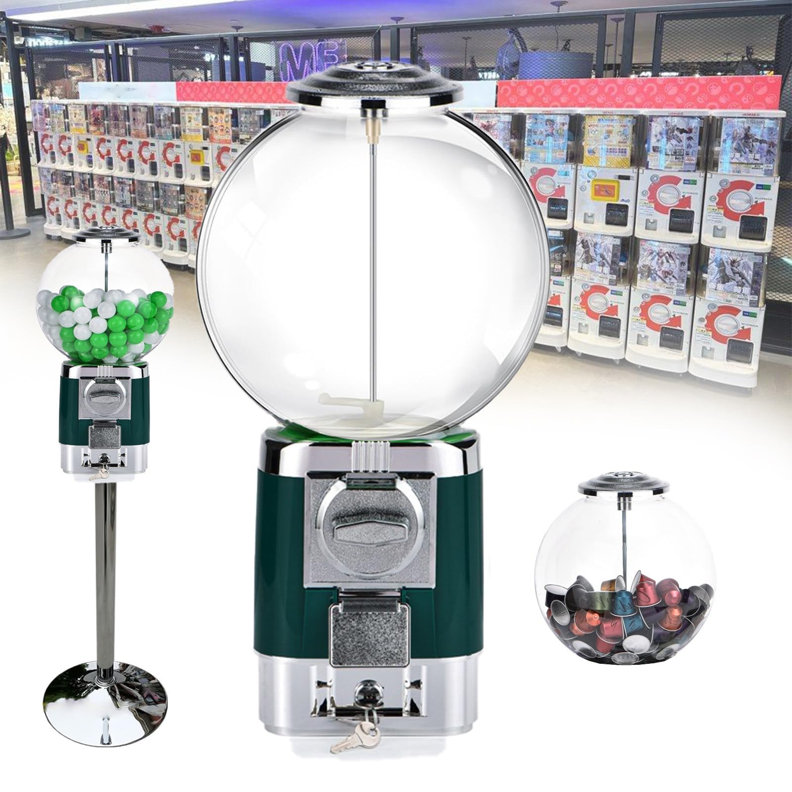 Distributore Di Capsule Di Caffè, Include Base In Metallo Da 63cm E 20 Gusci Di Palline Colorate, Capacità 240 Capsule, Distributore Commerciale Di Gomme Da Masticare A Monete(Green)
