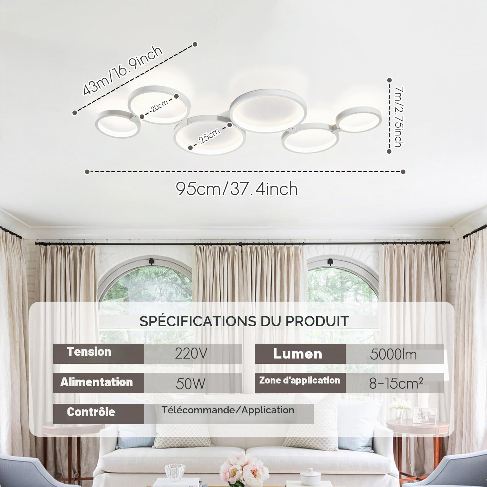 Plafonnier Led Dimmable Moderne 95 Cm 6 Anneaux, Luminaire Lustre Led Plafond Design Avec TéLéCommande, Éclairage Sans Scintillement, Fonction MéMoire, Pour Salon Chambre Bureau(Blanc)