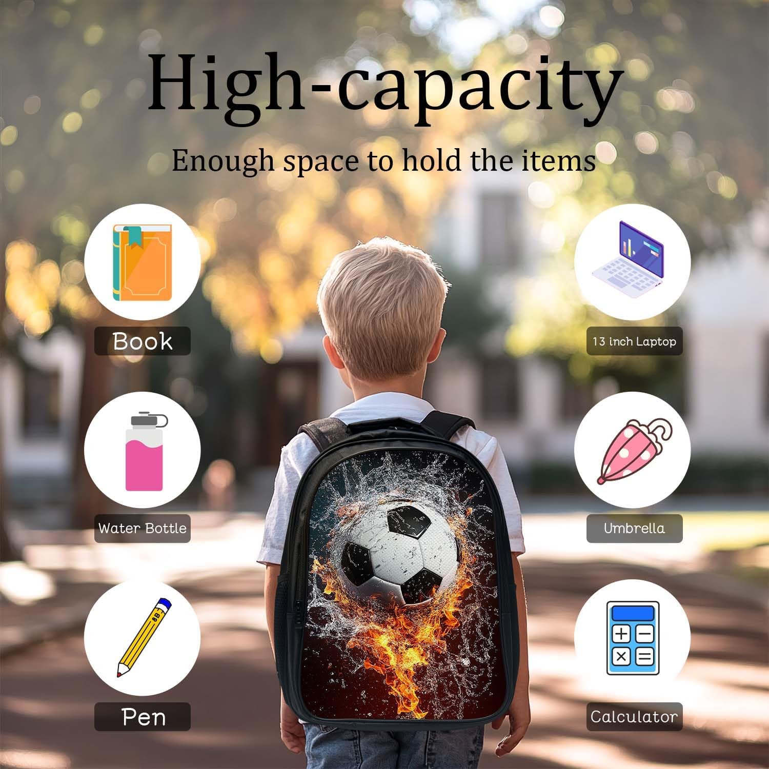 Soccer Football Backpack 3PCS 16" Preschool Elementary Schoolbag with Lunch Box Pencil Case Bookbag Set for Girls Boys Kids Children Teens School Students - Image 7