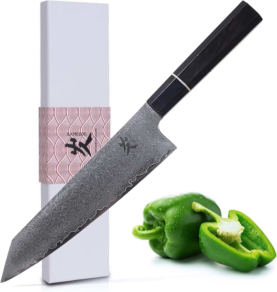 SAMCOOK Faca de chef Kiritsuke - Faca profissional de damasco afiada de 20 cm, faca gyuto de cozinha de aço inoxidável de alto carbono - Cabo ergonômico octogonal de ébano com caixa de presente