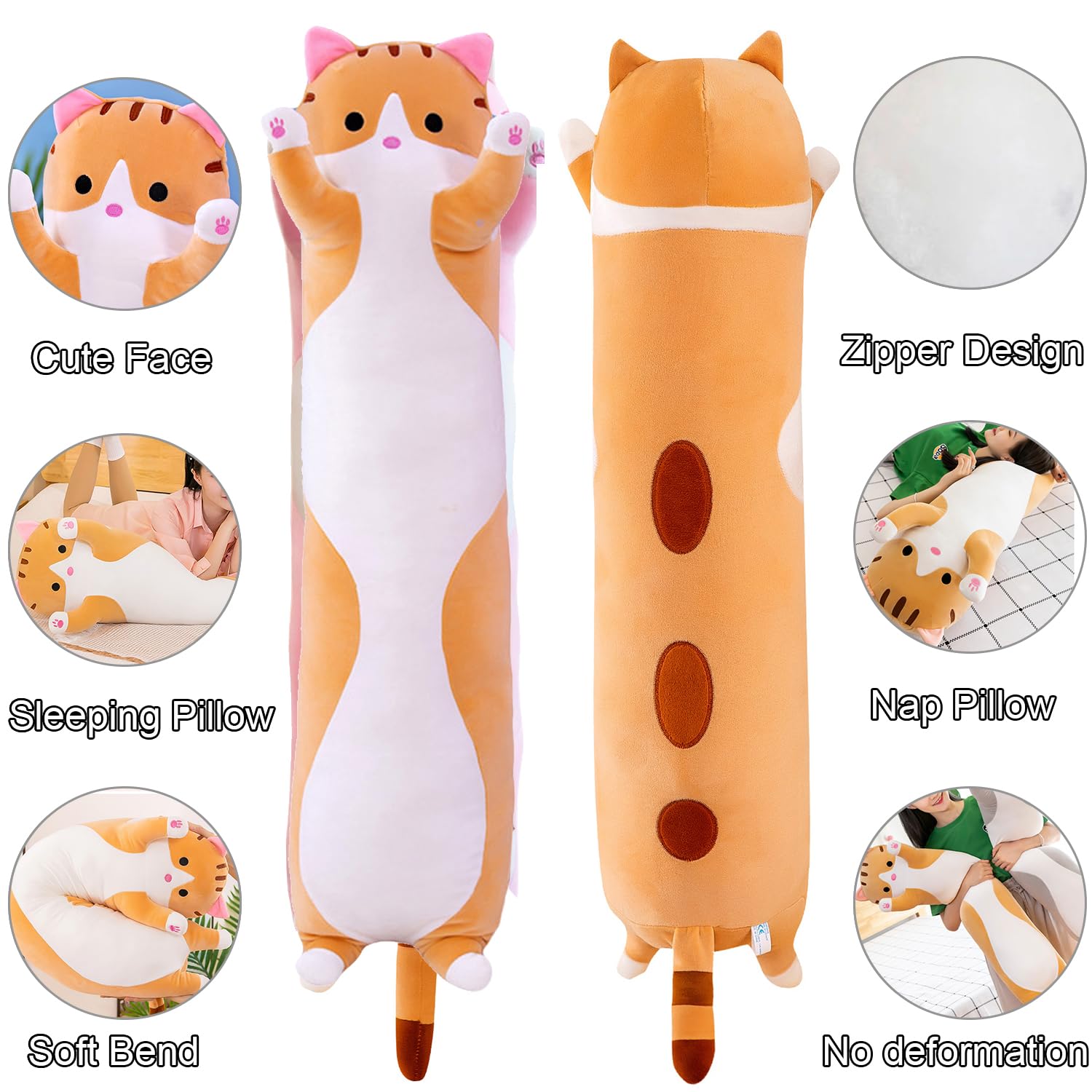 Kekeso Gatto Peluche Cuscino Lungo, Morbido Carino Gatto Cuscino Di Peluche, Gattino Ripiene Carino Peluche Regalo Per Bambini Fidanzata (110cm/43.3inch, Yellow)