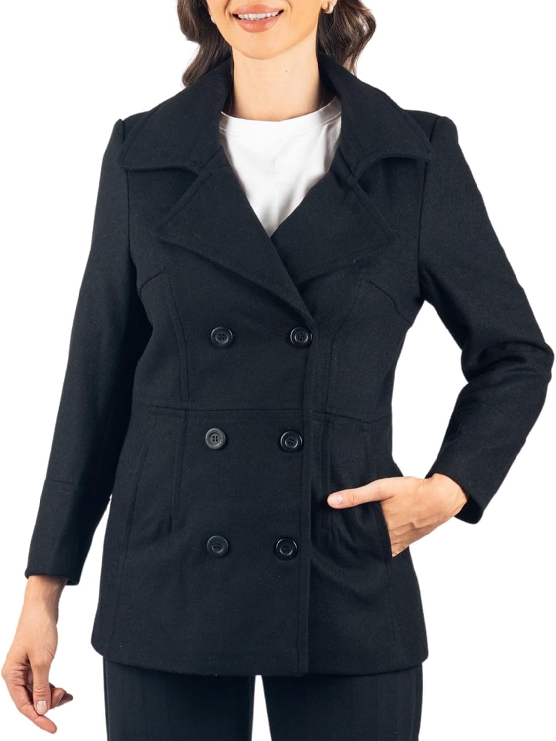 Woman modeling a classic black peacoat