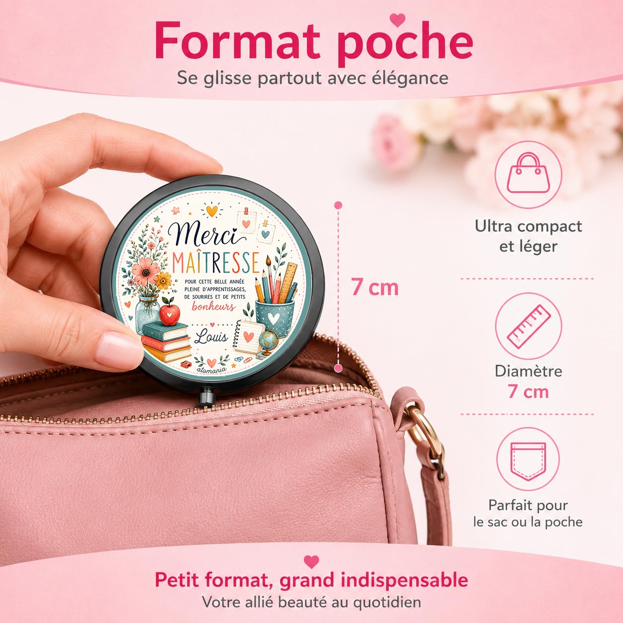 Miroir de Poche Merci Maîtresse Personnalisé – Cadeau Maîtresse Fin d'Année Scolaire avec Prénom – Cadeau Institutrice Original et Utile – Miroir Compact Femme