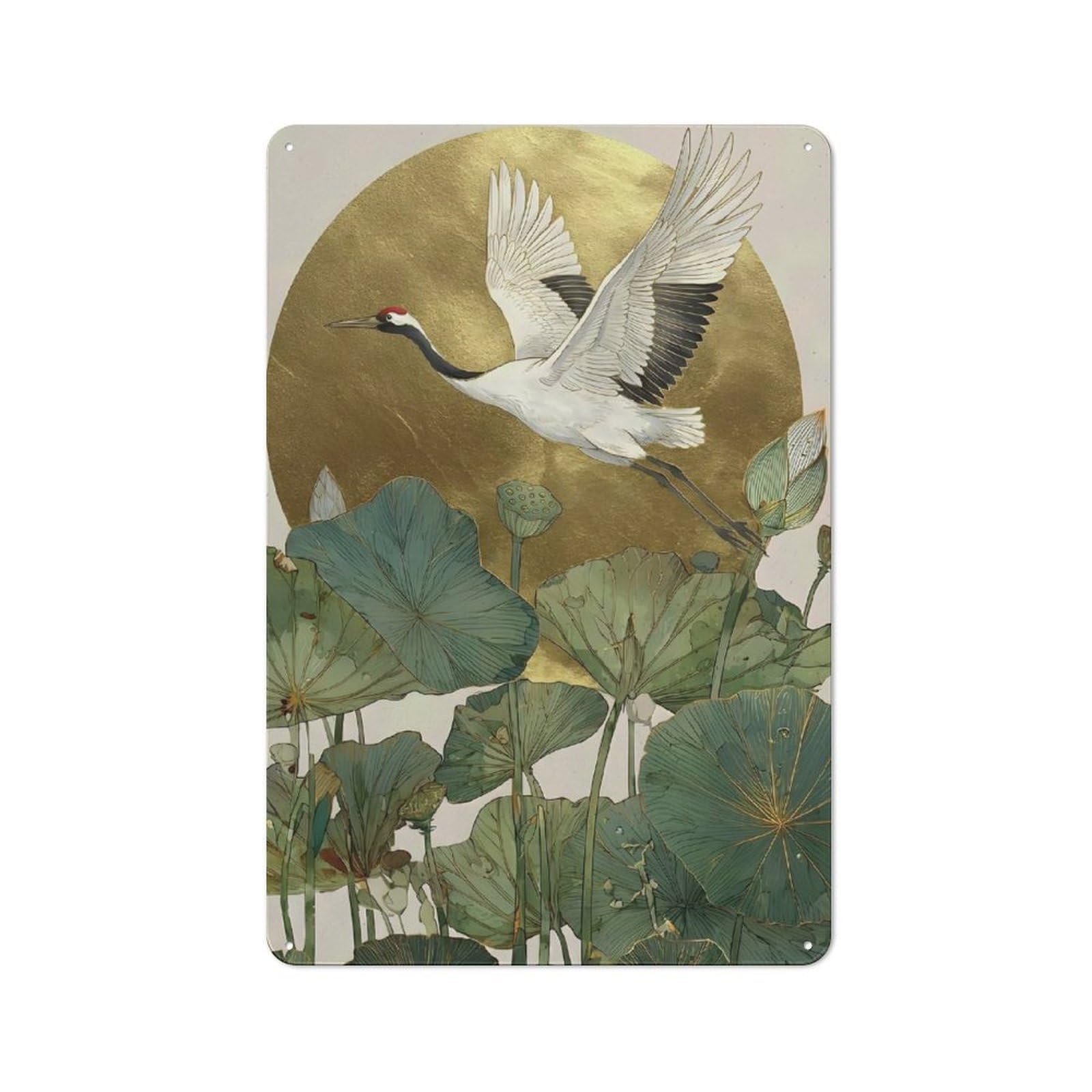 Junmoney Style-20 Crane Flying Over Lotus Pond Industrial-Style Metal Sign 30X20cm For Living Room Wall, For Collectors Decorating Living Rooms And Feature Walls