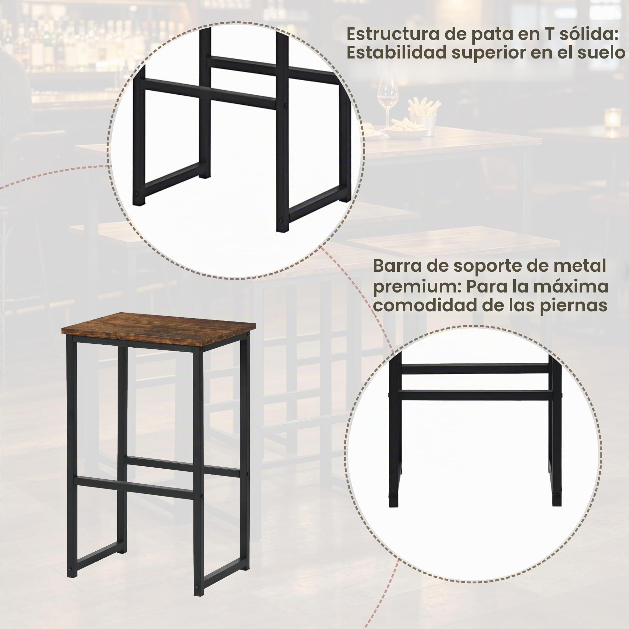Conjunto Mesa Alta de Cocina con 4 Taburetes, Mesa Comedor con Sillas Industrial para Comedor, Cocina, Mesa de Bar 100 × 50 × 90 cm, Sillas 40 × 30 × 65 cm, Negro Mate + Veta Madera Retro