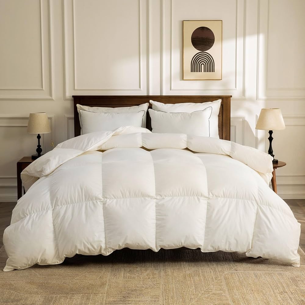 BPC Organic Feather Down Comforter King Size, Fluffy Duvet Insert for All-Season with 100% Cotton Cover and Puffy Feather Down Filling, Ivory White, 106x90 Inches