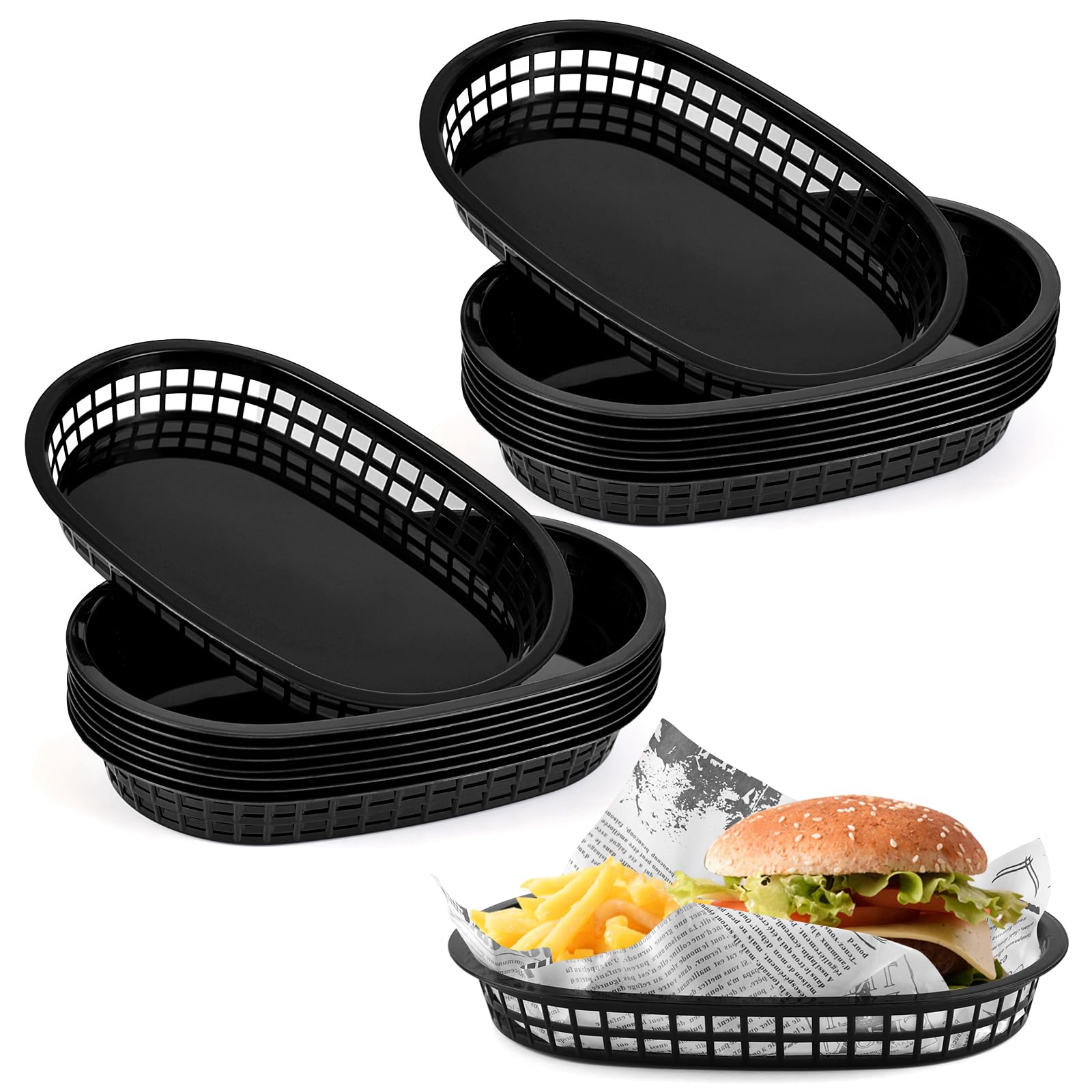 JJWNMLL 16Pcs Food baskets, 27 * 17cm reusable plastic oval black fruit basket,cinema snack tray,fries,sweets,crisps,party,picnics,BBQ,summer garden party festival
