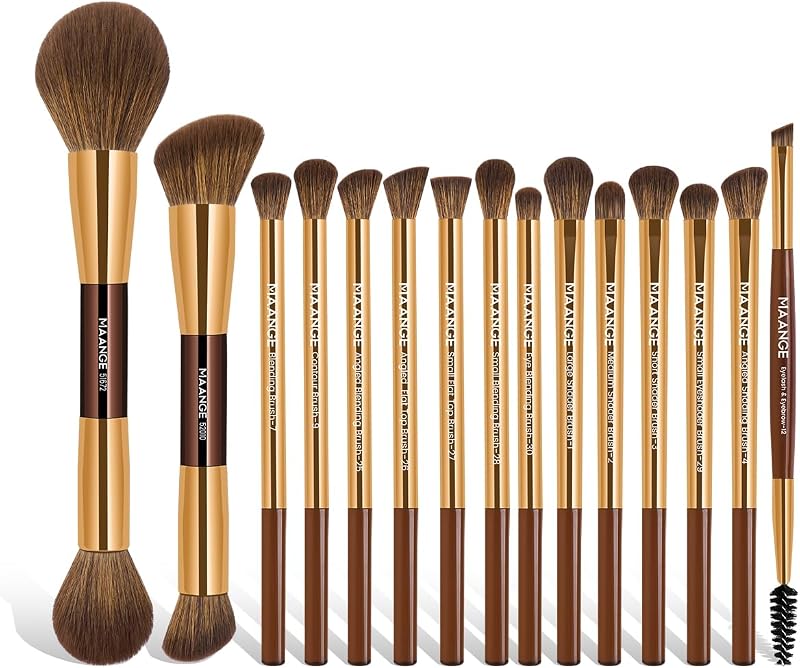 Kit de 15 Pincéis de Maquiagem MAANGE Dupla Face, com Pontas Chanfradas e Arredondadas, Coffee Gold