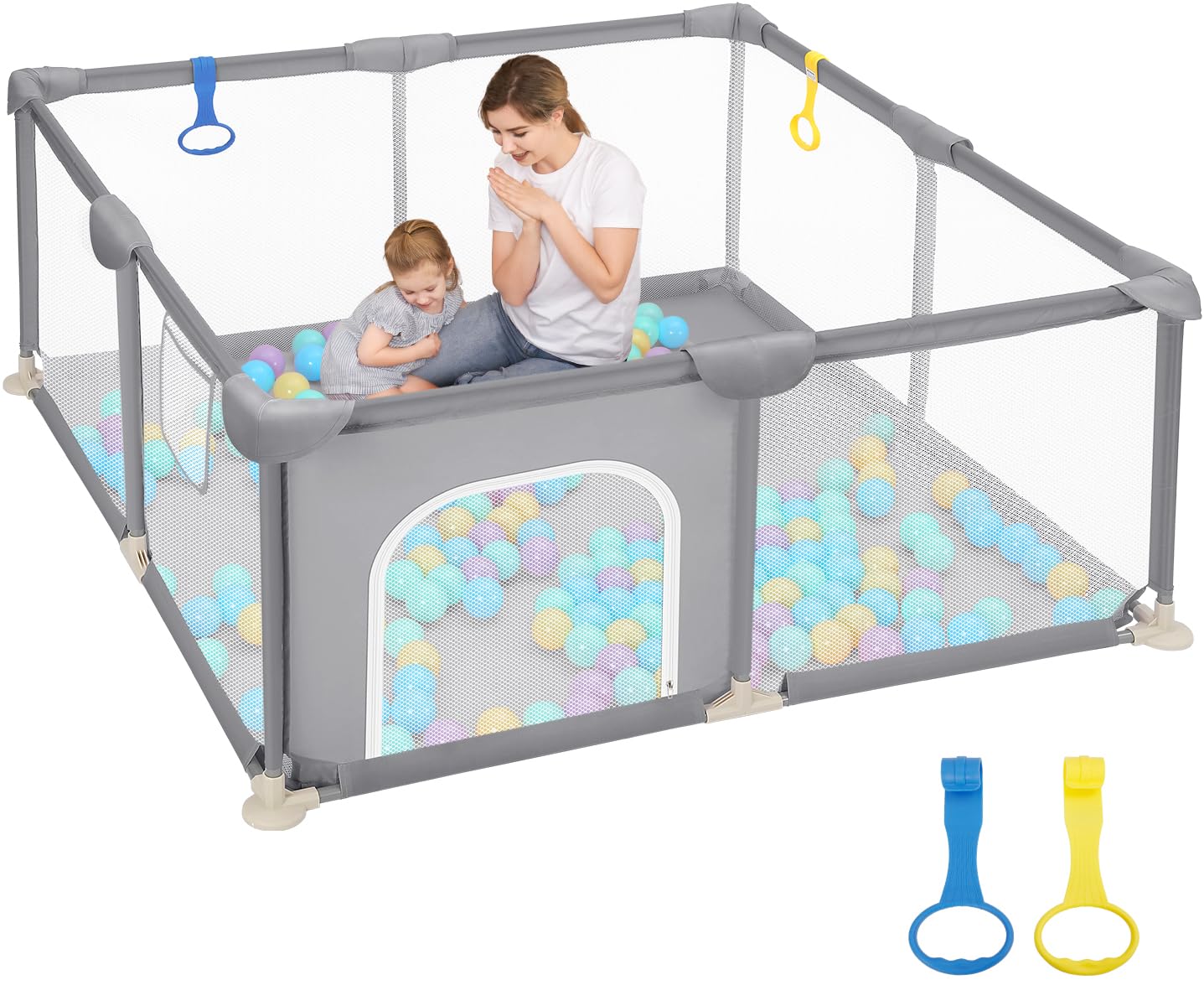 Dripex Laufstall Baby, Kompakter Laufgitter Baby faltbar ideal für kleine Räume, Indoor & Outdoor Laufgitter & -Ställe mit Atmungsaktivem Netz & Pull-up Rings, 124x124cm, Kaffeebraun