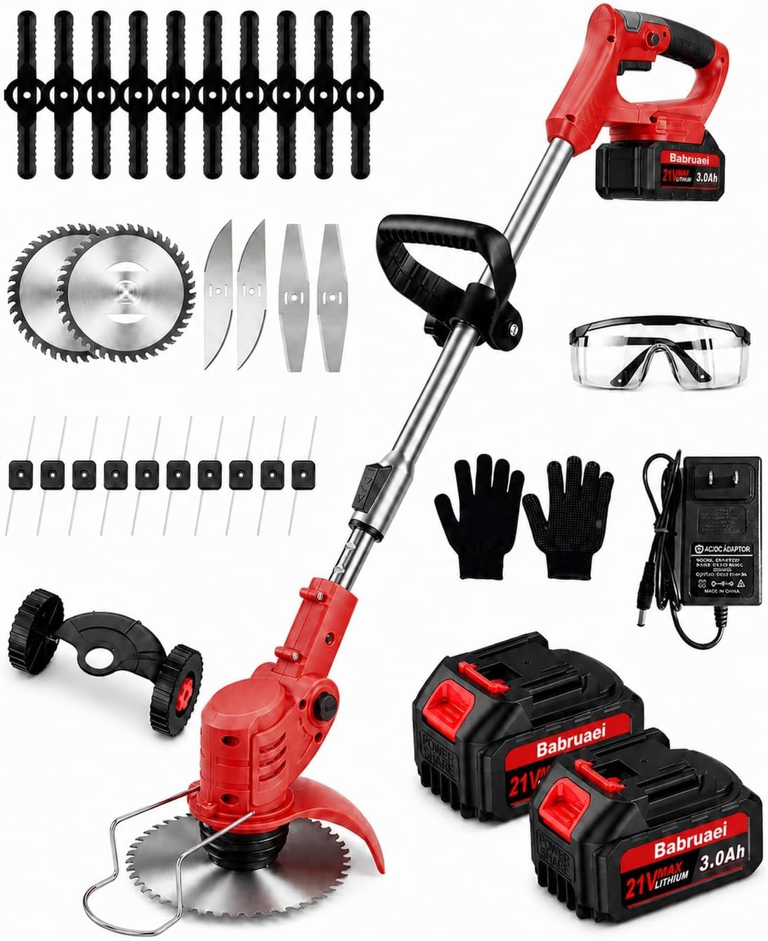 21V Cordless Garden Strimmers, Telescopic Lightweight Grass Trimmer with 2 x 3000mAh Battery and Charger