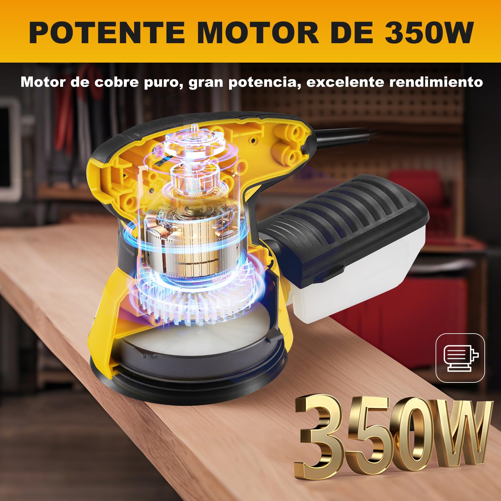 Enventor Lijadora Madera 350W, Lijadora Orbital Electrica con 6 Velocidades Variables, 6000-13000RPM, 125MM, 20PCS (80, 120, 180, 240 Grit), Lijadora Electrica para Madera y Acero