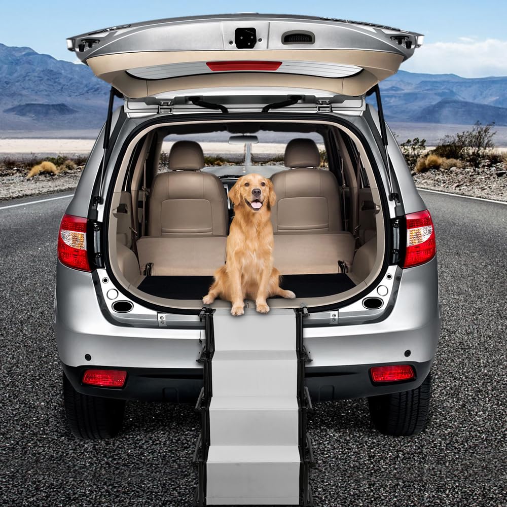 Rampa per auto pieghevole per cani, scala a 4 gradini per animali domestici, utilizzabile per tutti i veicoli, caricabile fino a 75 kg impermeabile poliestere Oxford metallo (grigio chiaro)