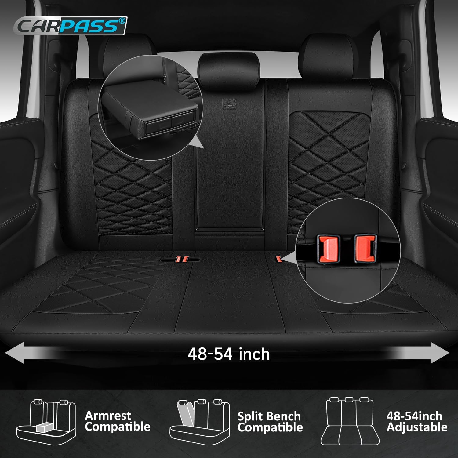 CAR PASS Luxury Nappa Leather Back Seat Covers, Piping Water Resistant Premium Faux Leather Rear Bench Seat Covers, Breathable Backseat Cover Universal Fit for Most Sedan SUV Van Truck, Black