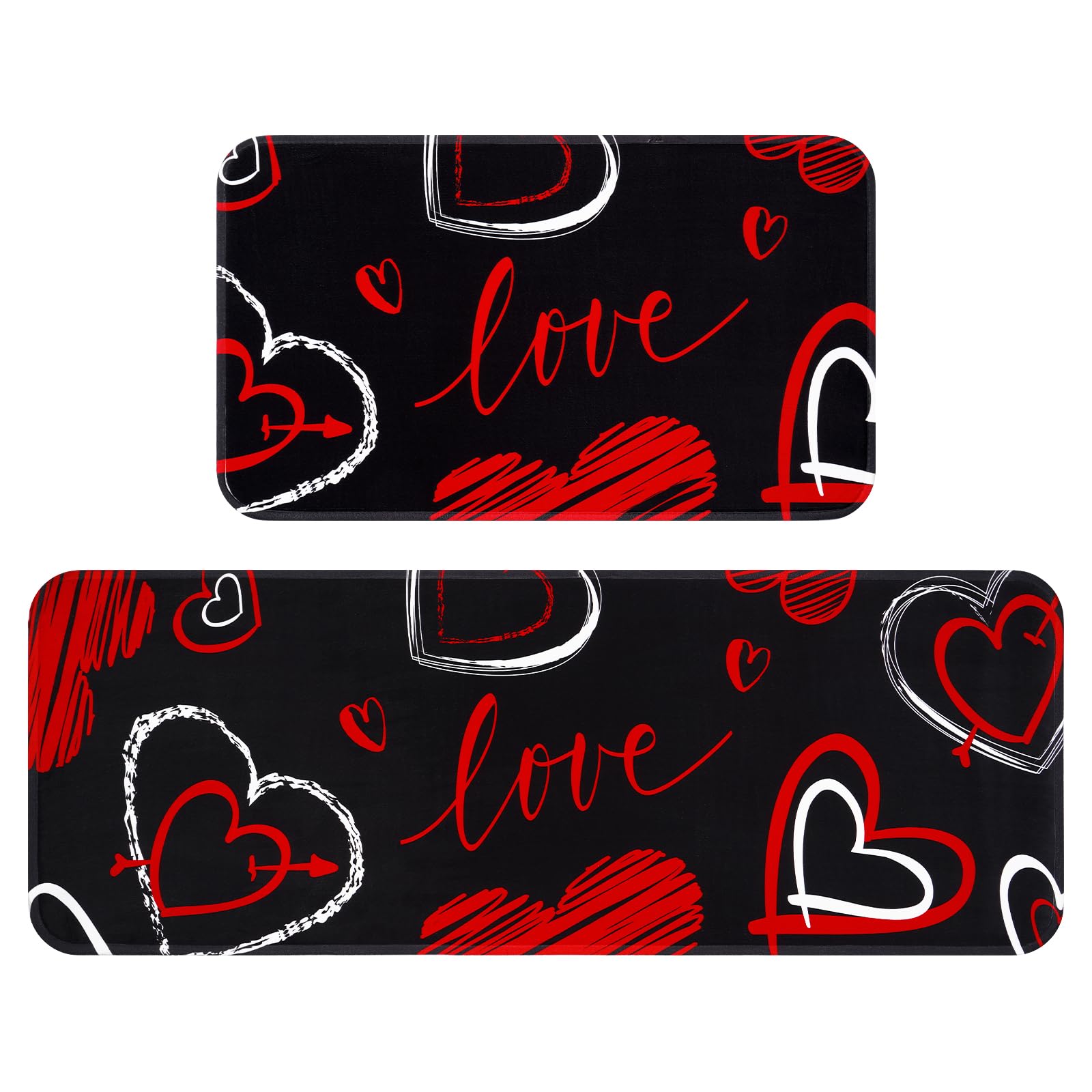 Valentine's Day Kitchen Rug Set of 2, Red Love Heart Valentine Kitchen Mat with Non-Slip Rubber Backing, Black Kitchen Mat for Home Office Laundry, 17''x 47''+17''x 30'' Valentine Decor