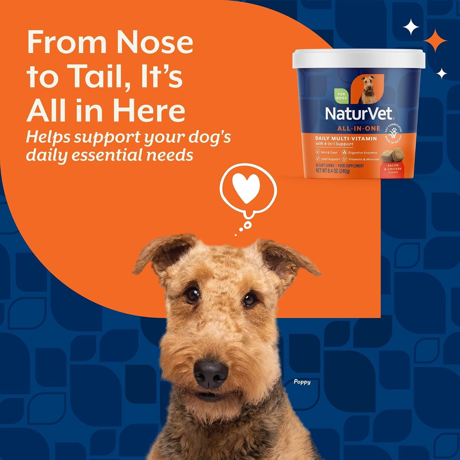 NaturVet All-in-One Dog Supplement Joint Digestion Skin Coat – Wheat-Free 60 Soft Chews