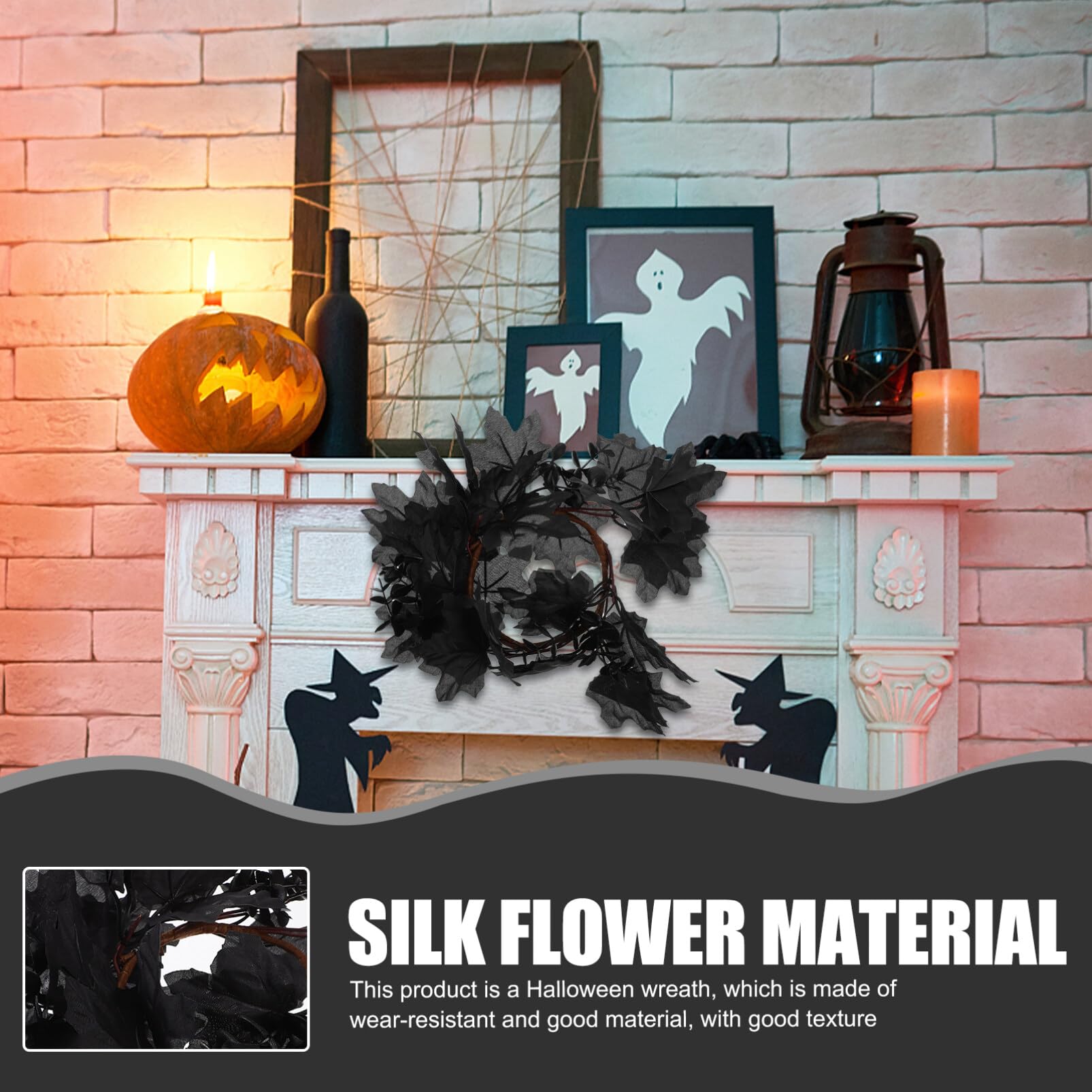 Home Decor Halloween Maple Leaf Wreath Artificial Candle Ring Hanging Halloween Wreath Pendant for Halloween Party Harvest Thanksgiving Day Hauted House Decoration Black Candles