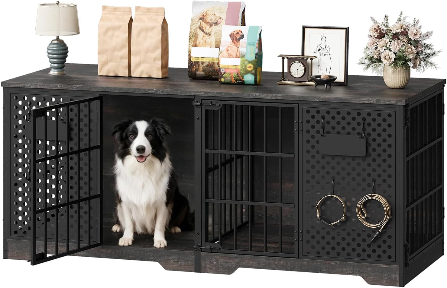 HOOBRO 71" Dog Crate Furniture for 2 Large Dogs, Heavy Duty Indoor Kennel with Removable Divider & Name Tags, TV Stand Cage Furniture for Medium & Large Dogs, Charcoal Gray & Black BC84GW03
