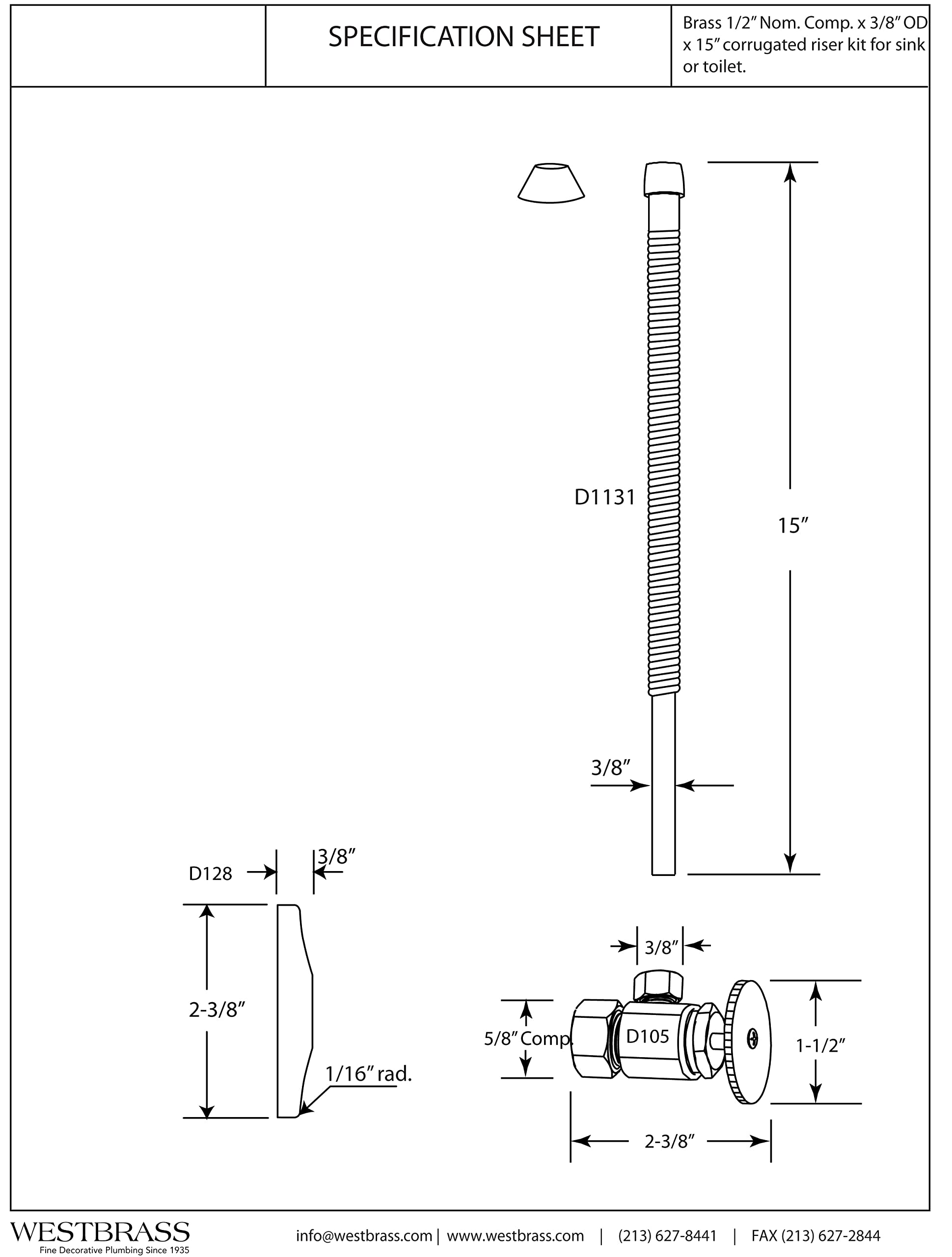 Westbrass A105K15-62 5/8" x 3/8" OD x 15" Kit de línea de elevación corrugada con mango redondo de 1/4 de giro para grifo e inodoro, negro mate