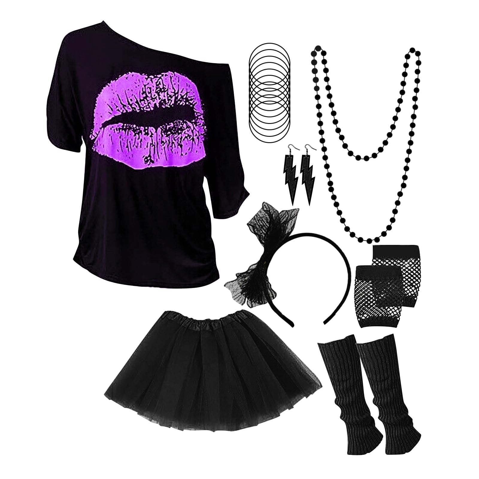 Déguisement Années 80/90 Femme - Kit 25 Pièces Néon (bandeau, Colliers, Bracelets, Gants, Lunettes…) - Pour Soirée Disco, Halloween, Carnaval