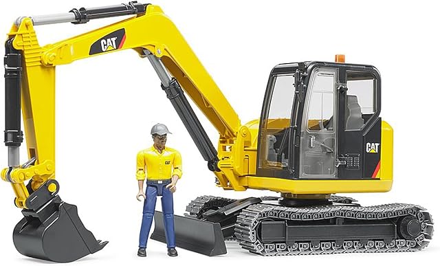 bruder 02466 - Cat Minibagger mit Bauarbeiter - 1:16 Baufahrzeug, Baustelle, Löffelbagger, Arbeiter, bworld, Baumaschine, Spielzeug | Baufahrzeug mit Spielfigur, Bagger, bworld kompatibel, Maßstab 1:16