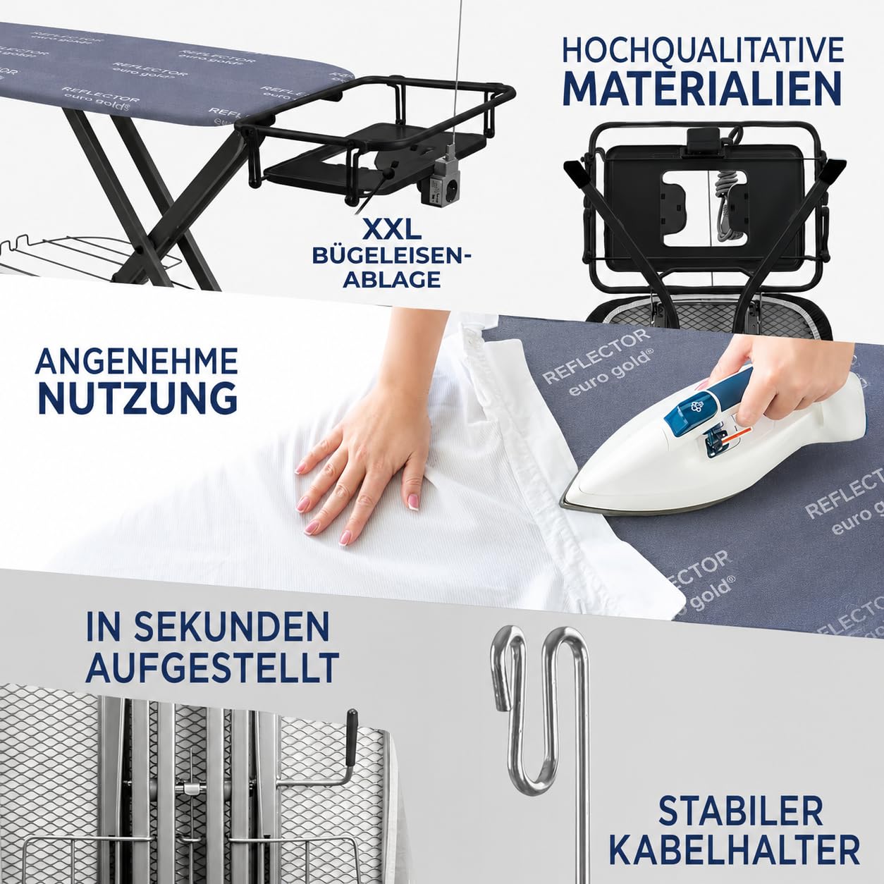 SEHR BELIEBT! STAHLMANN ® XXL-Bügelbrett für Dampfbügelstation inkl. Ärmelbrett[130x48 Bügelfläche]– Bügeltisch [Made IN EU] – extra stabiles Bügelbrett – Bügelbrettbezug [100% Baumwolle]