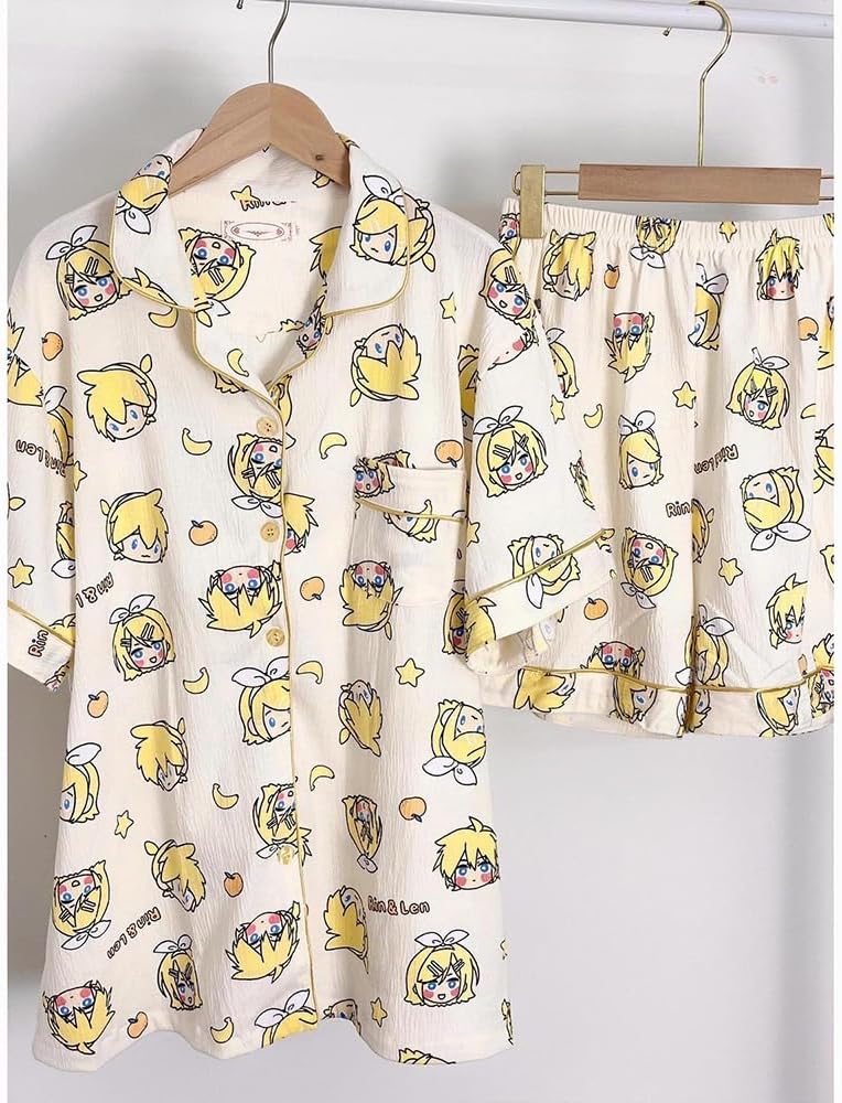 2PCS Kagamine Len Pyjamas Miku Nightwear Short Sleeve Shirt Shorts Set, Anime Pyjamas Nightwear Soft Comfortable Summer Sleepwear Homewear for Men Women Kagamine Len S