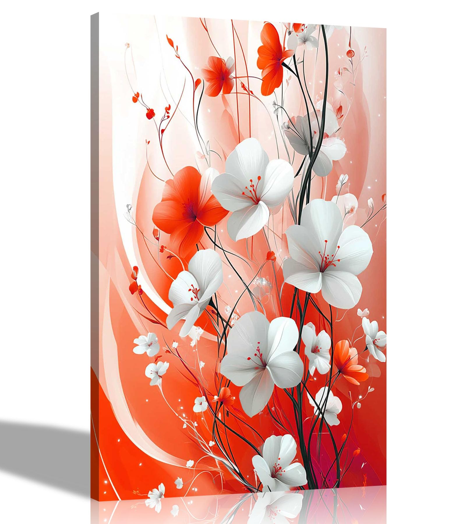 Artley Prints Abstract Flower Red White - Red White Abstract Flowers Canvas Wall Art For Living Room, Bedroom, Hallway Prints Ready To Hang Pictures 51 X 35Cm (20 X 14 Inches)