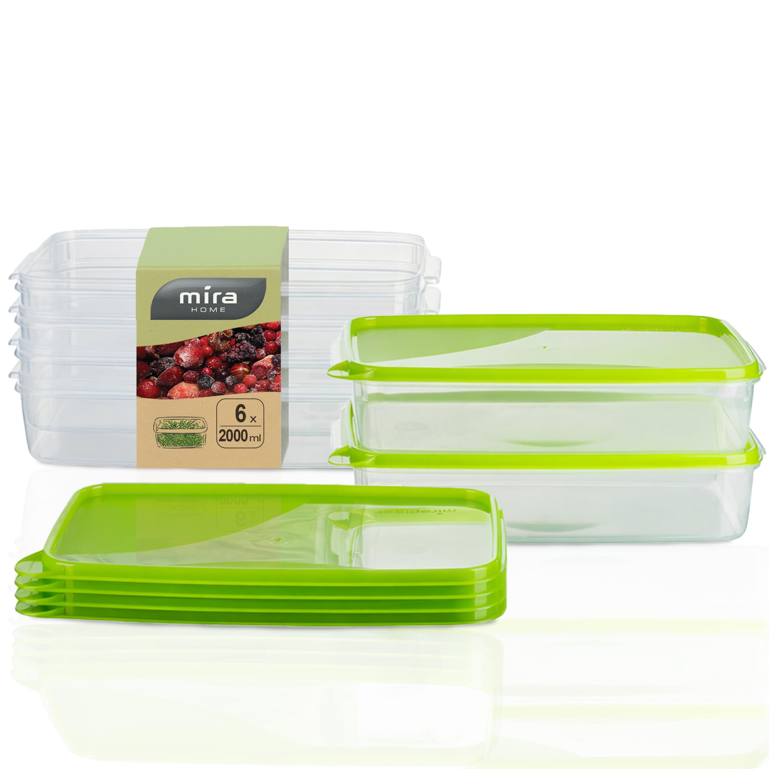 MiraHome Fresh Box Freezer Container 2L Rectangular Flat Pack of 6 Green