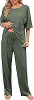 JiniGolla Women's Waffle Knit Pajama Sets: Soft Short Sleeve Top & Long Pants Lounge Sleepwear PJs