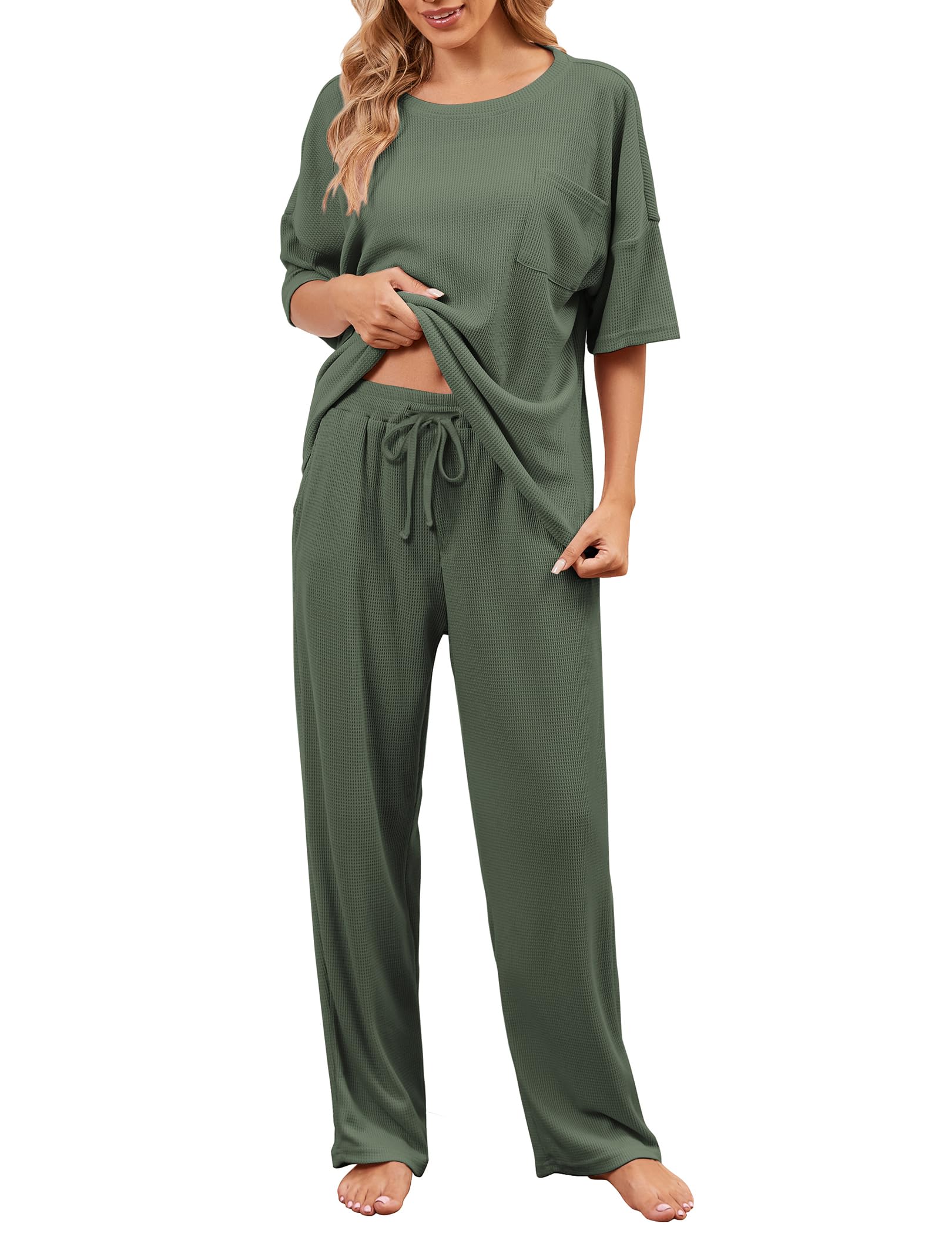 JiniGolla Womens Pajama Sets Waffle Knit Short Sleeve Shirt with Long Pajama Pants Soft Sleepwear Pj Lounge Sets