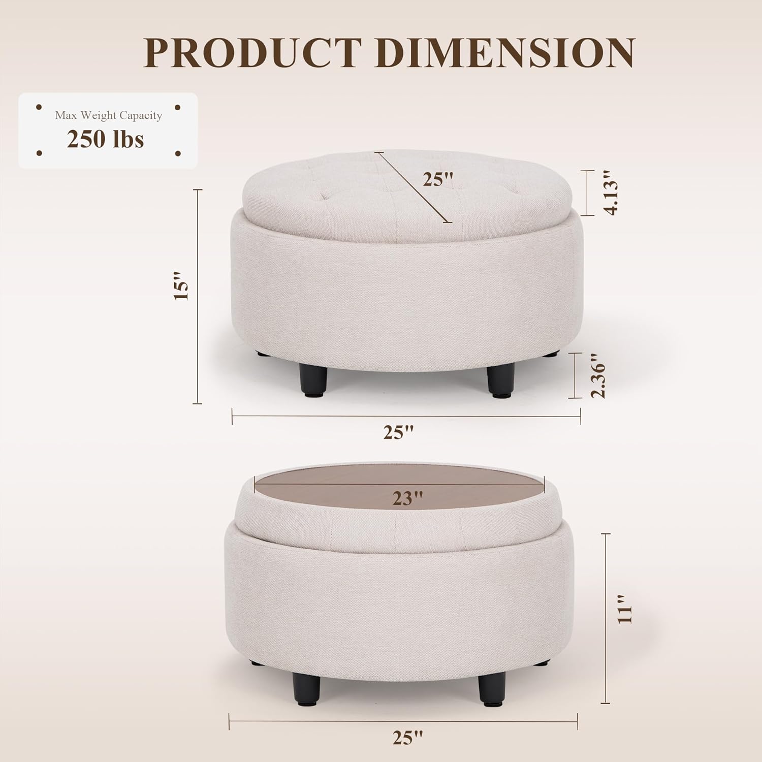 COLAMY Fabric Round Storage Ottoman with Reversible Tray Lid – Multi-Functional Footrest, Hidden Storage, Sturdy & Stylish Small Coffee Table for Living Room, Bedroom, or Entryway(Beige)