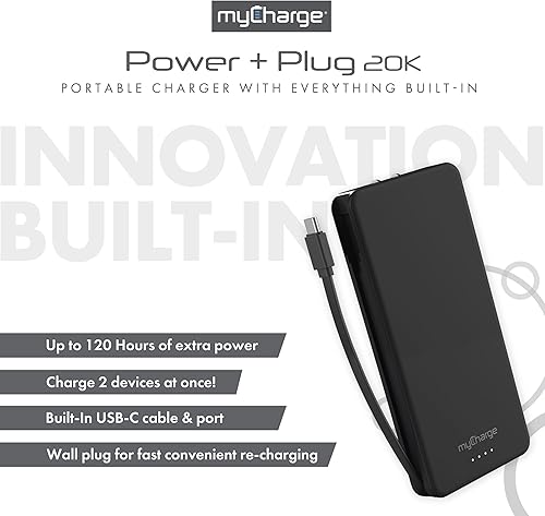 Miniatura 4 de myCharge Cargador portátil Power + Plug USB C Dual Power Bank con batería interna de 20,000 mAh, cable integrado, puerto adicional, enchufe de pared