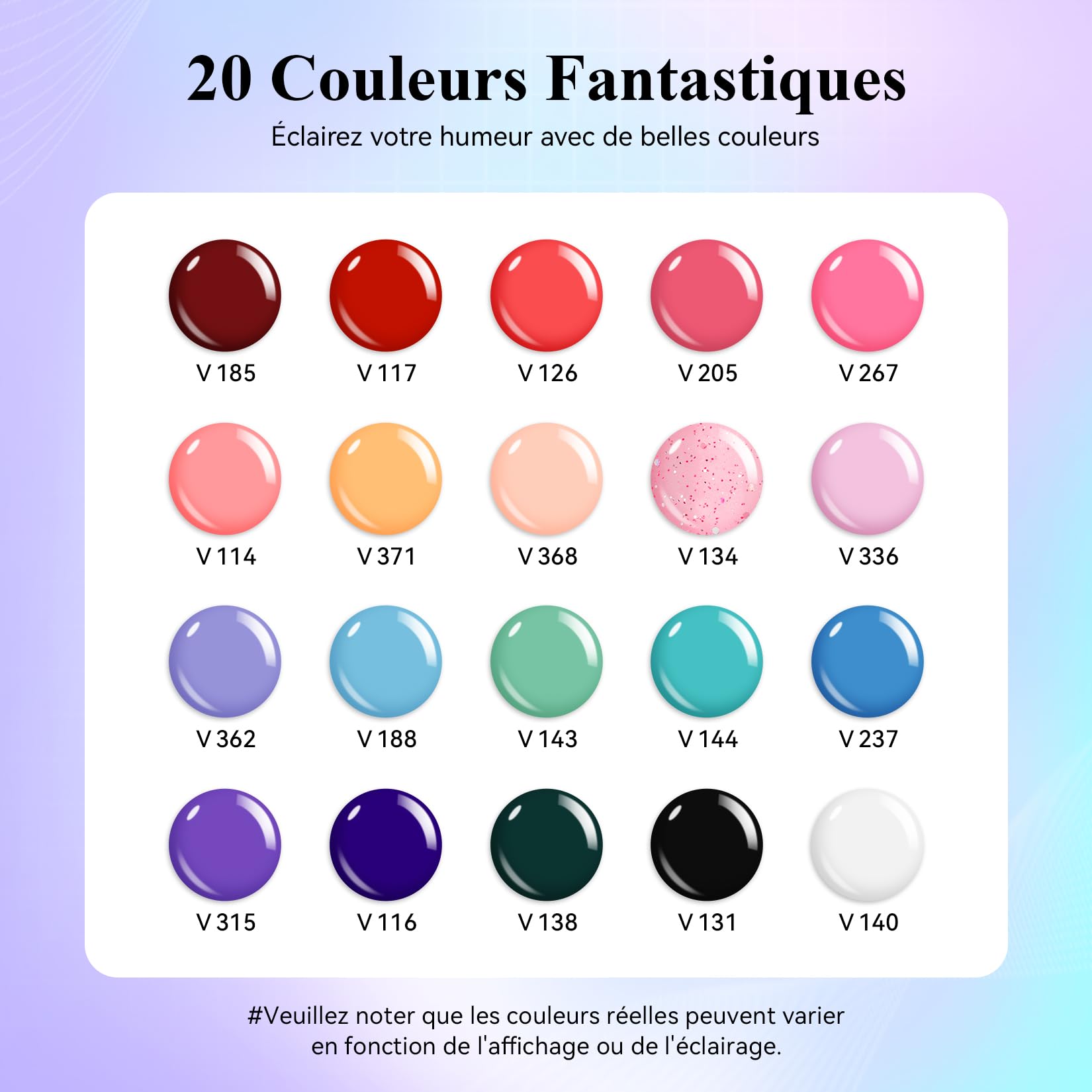 VANREESA 20 Colours Kit Vernis Semi Permanent, Kit Ongle Gel UV Complet avec Base Top Mat Pailleté Coat et Lampe LED 36W U V et Outils de Manucure, Set Manucure pour Débutants