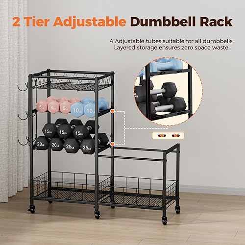 Miniatura 5 de Dumbbell Rack, Home Gym Weight Rack Storage, Adjustable Dumbbell Stand Organizer with Wheels, Holds Dumbbells, Kettlebells, Yoga Mats