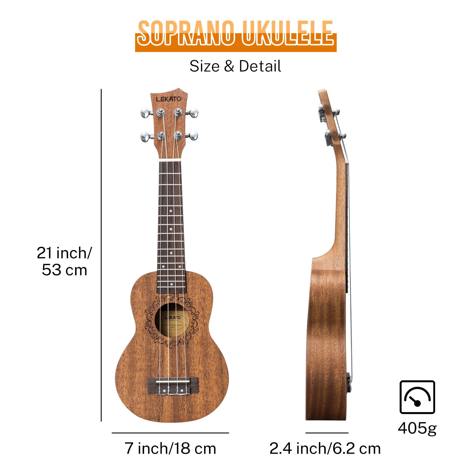 LEKATO Soprano Ukulele Sapeli Kit de démarrage pour ukulélé 21 pouces avec sac de transport/accordeur/sangle/médiators/corde, ensemble de ukulélé guitare 4 cordes Hawaii pour débutants, cadeau musical