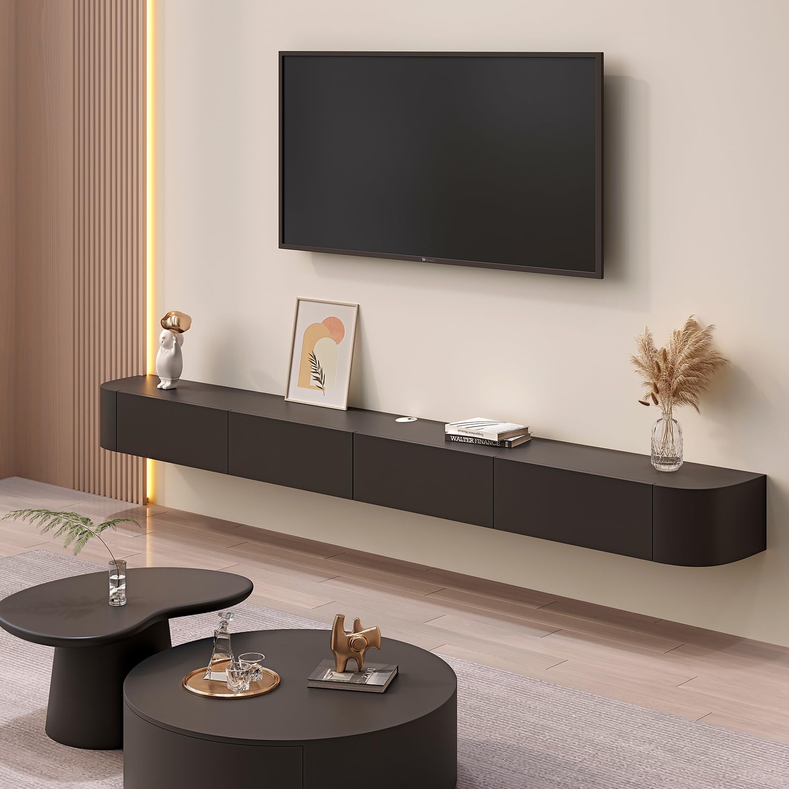 Soporte flotante de pared para TV con almacenamiento, armario bajo de 300 cm para televisores de 75 a 100 pulgadas, elegante diseño negro para sala de estar, centro de entretenimiento que ahorra