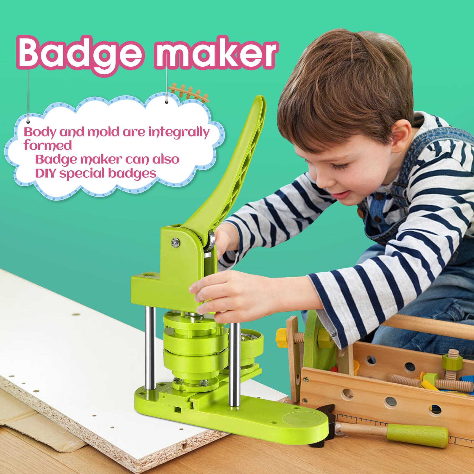 3-in-1 DIY-Anstecknadelmaschine für 25 32 58 mm-Anstecknadeln, drei Größen und Formen, inklusive 100 hochwertigem Zubehör.