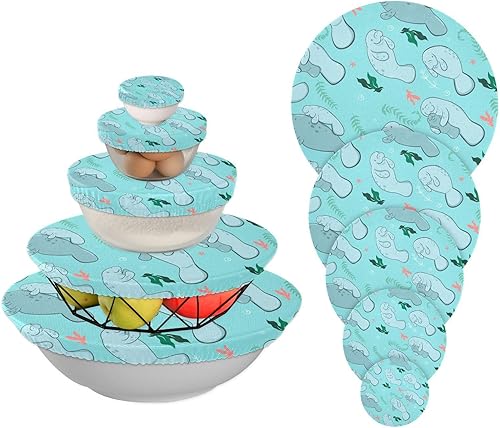 Miniatura 1 de Blue Manatees - 5 fundas elásticas reutilizables para cuencos para almacenamiento de alimentos, tapas de tela elástica con 5 tamaños diferentes,