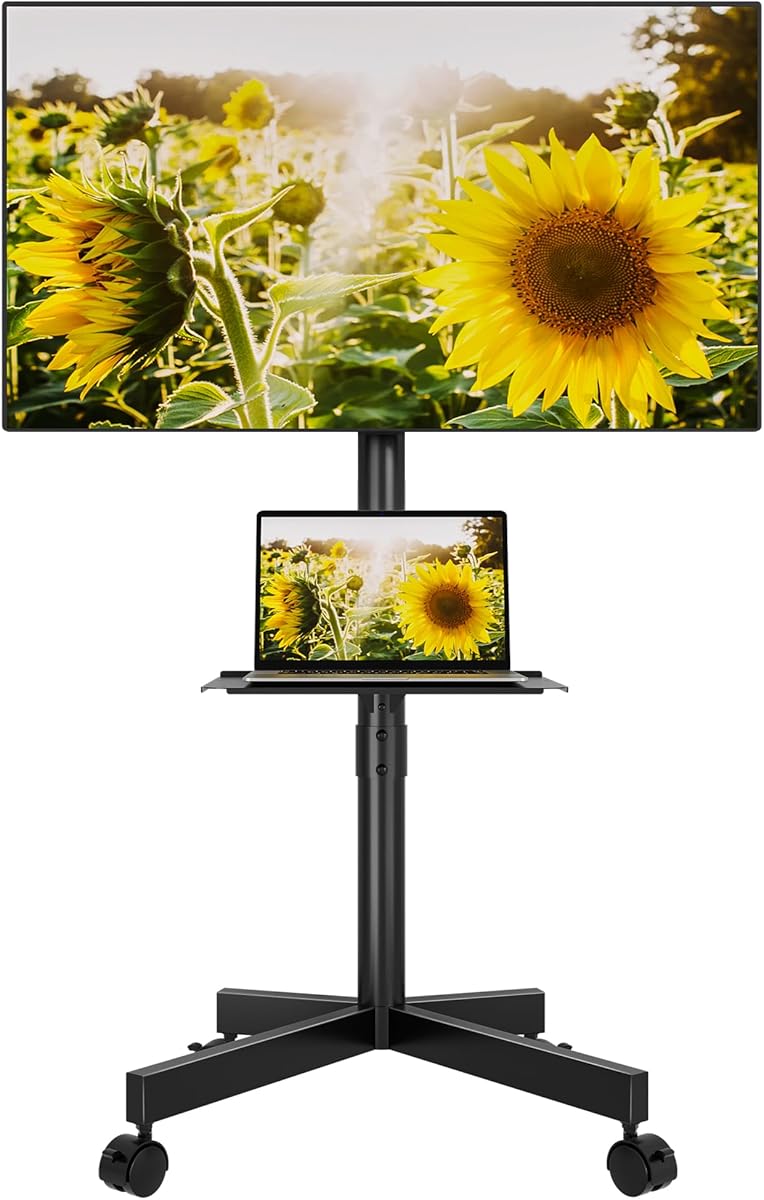 BONTEC Mobile TV Stand for 23-60 Inch TVs, Rolling TV Stand with Locking Wheels, Adjustable Height, Media Shelf, Max VESA 400x400mm, Holds Up to 88lbs