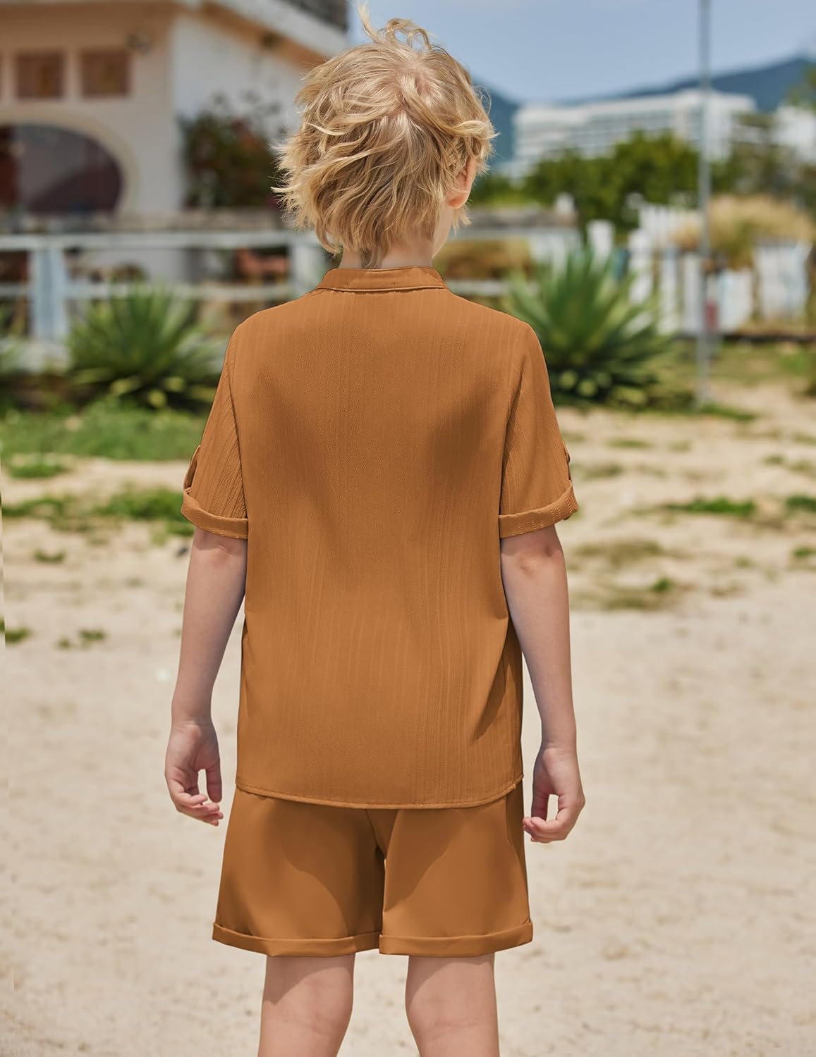 Arshiner Boy's 2 Piece Beach Outfit Short Sleeve Textured Button Down Shirt and Short Sets Summer Vacation Wear 5-12 Years - Image 5