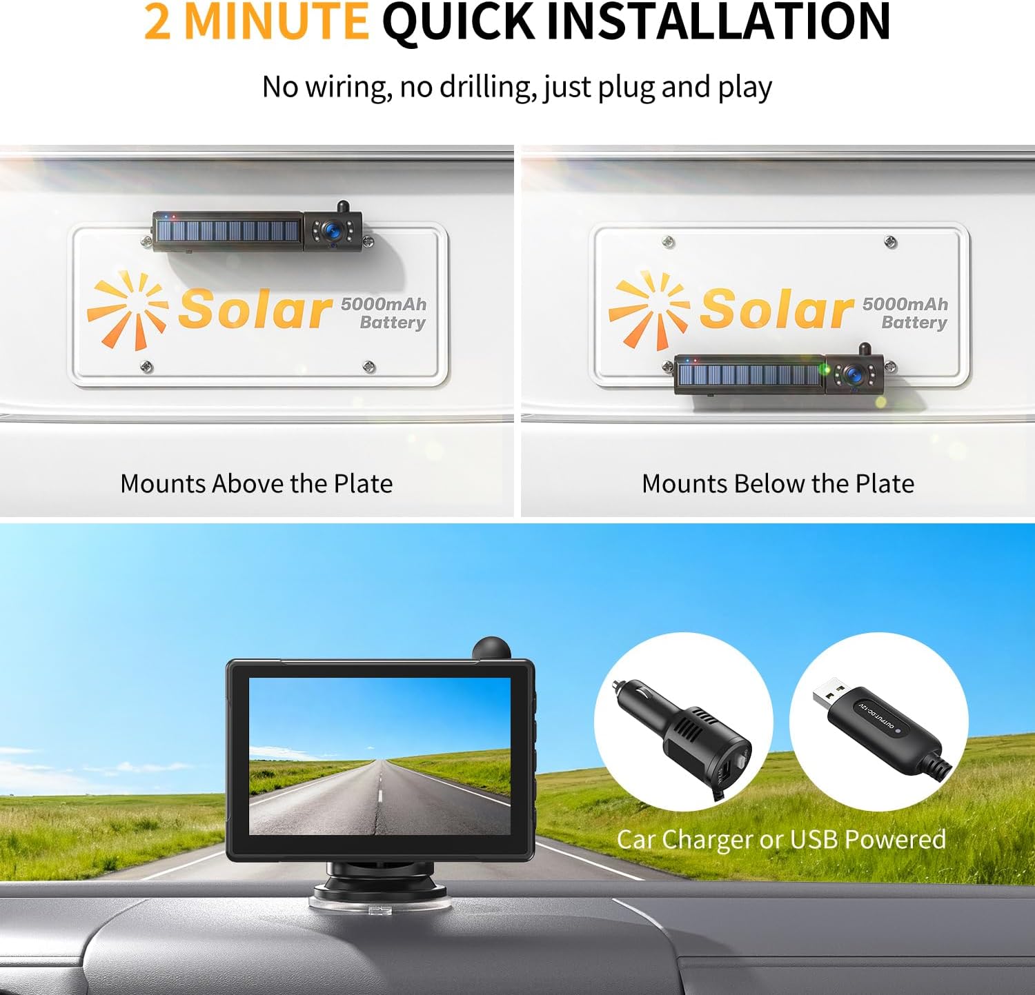 Solar Wireless Backup Camera for Car, 5" HD 1080P Monitor 3 Mins DIY Installation 5,000mAh Battery with 2 Channel IR Night Vision License Plate Back Up Camera Systems for Truck, Pickup,Car, RV, SUV