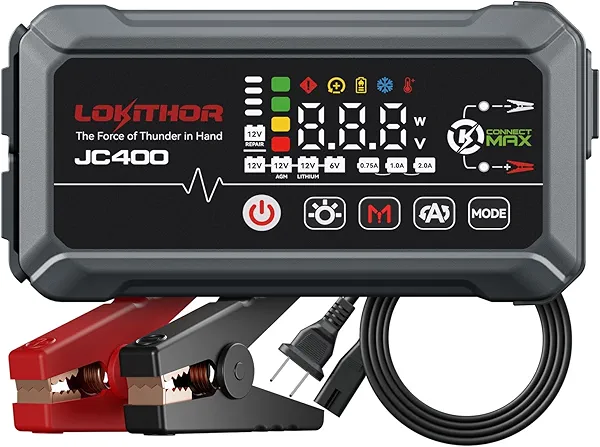 LOKITHOR JC400 9-in-1 Battery Charger and Jump Starter, 2500A 12V Portable Jump Box for Car Upto 8.5L Gas/6.5L Diesel, 750mA/1A/2A, 6V/12V Automotive Battery Maintainer, Trickle Charger and Desulfator