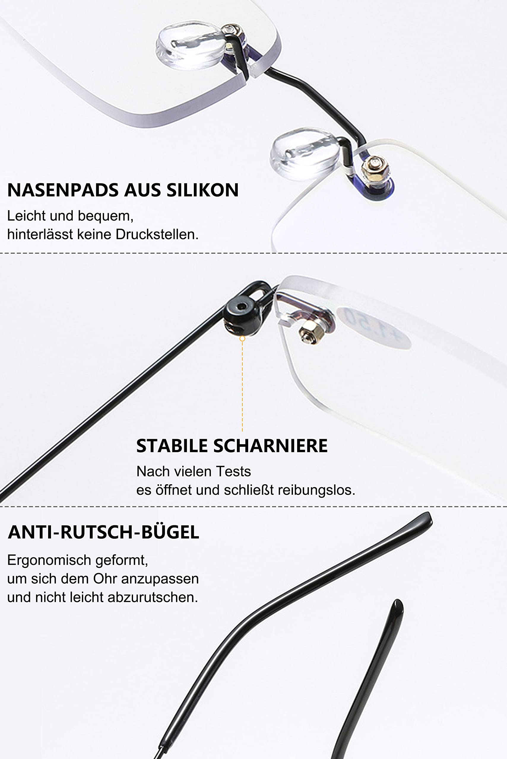 Lanomi Rimless Reading Glasses for Men Women Blue Light Blocking Readers Lightweight Slim Rectangle Anti Blue Eyewear with Metal Case Black 1.0 - Image 4