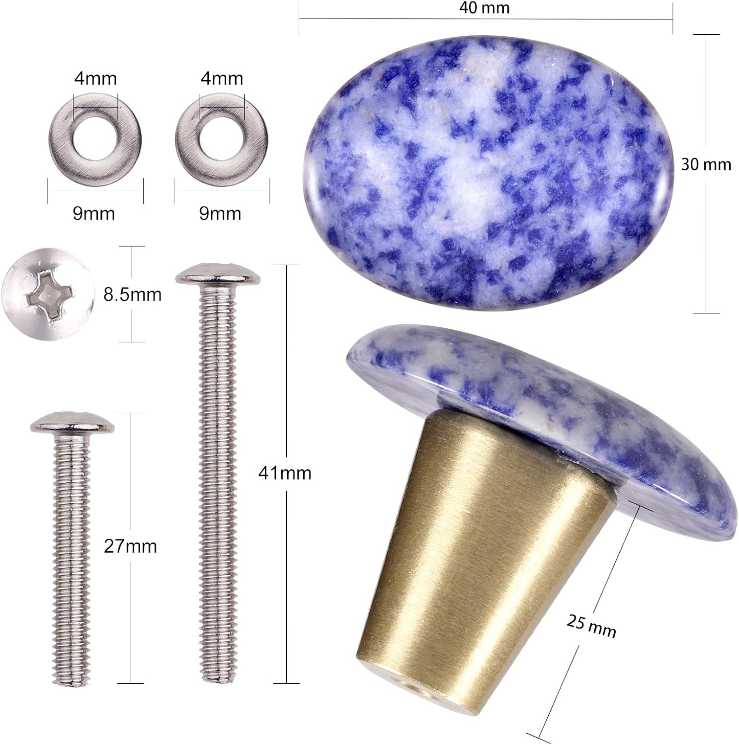 SUNYIK Set of 4 Oval Stone Drawer Knobs with Screws, Polished Stone Pull Handles for Cabinet Dresser Door Cupboard Wardrobe Bedroom Office Dresser Kitchen Home Decoration, Blue Spot Jasper