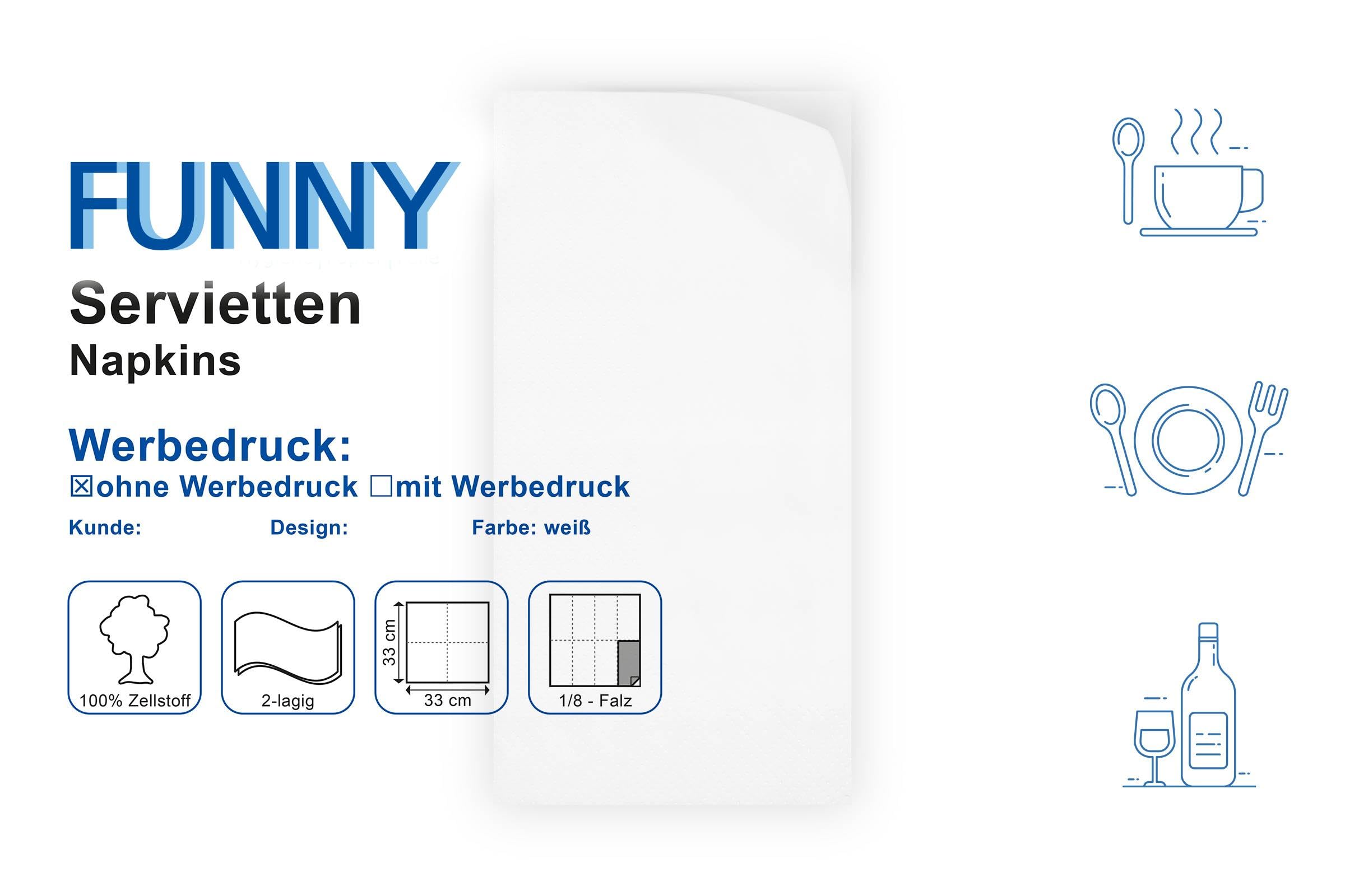 Funny Lot de 8 packs de 250 Serviettes de Table Jetables Double Épaisseur Pliage en 8 Blanc 33 x 33 cm