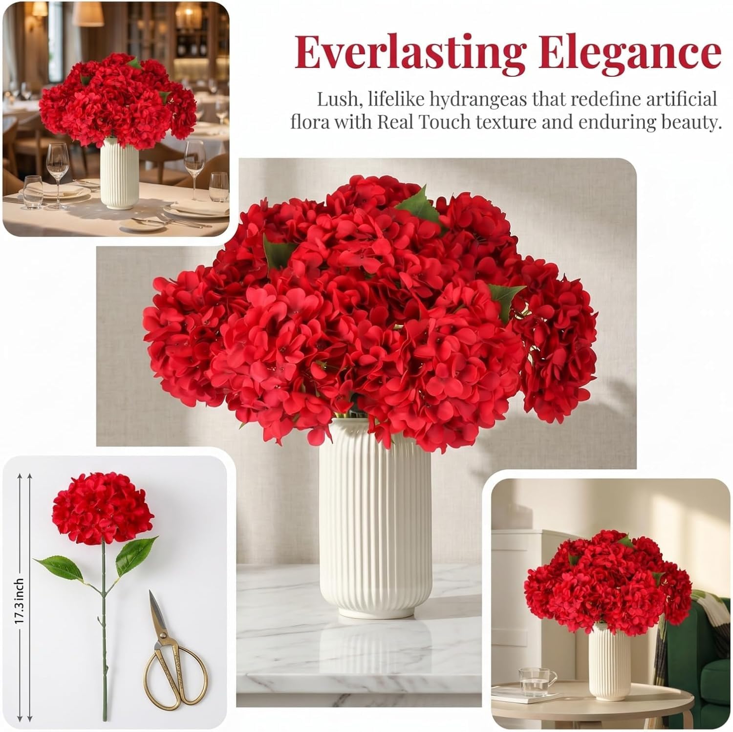 20 Fiori Artificiali di Ortensia Rossa da 22 Pollici per Decorazioni Domestiche, Centrotavola per Matrimoni, Feste di Compleanno - Composizioni Floreali Artificiali con Steli Blue