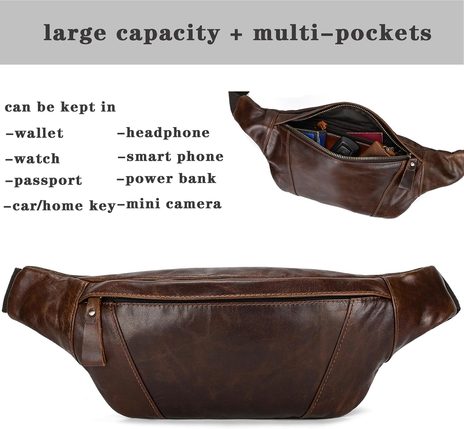 Genuine Leather Slim Waist Pack for Man & Woman, Vintage Design & 4 Zipper Pockets & Adjustable Strap, Large Capacity Fanny Pack Crossbody Belt Bag for Travel or Ride, 1034 Brown - Image 3