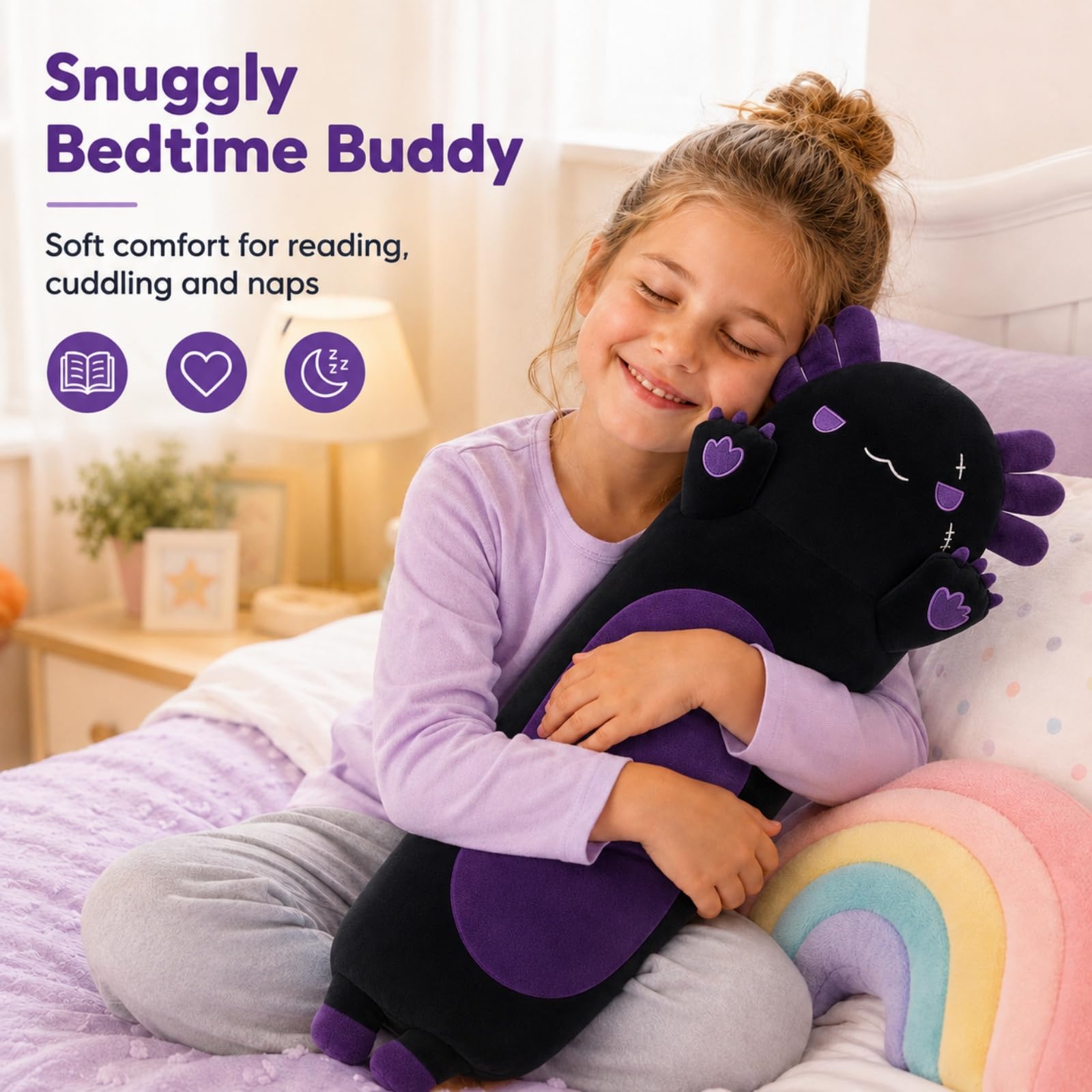 SNOWOLF imbottito Axolotl lungo cuscino peluche giocattolo animale morbido Kawaii Stuff coccoloso giocattolo adorabile cuscino abbraccio per i bambini (110cm, viola)